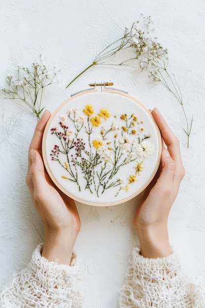Ruky držiace vyšívací kruh s motívom kvetu